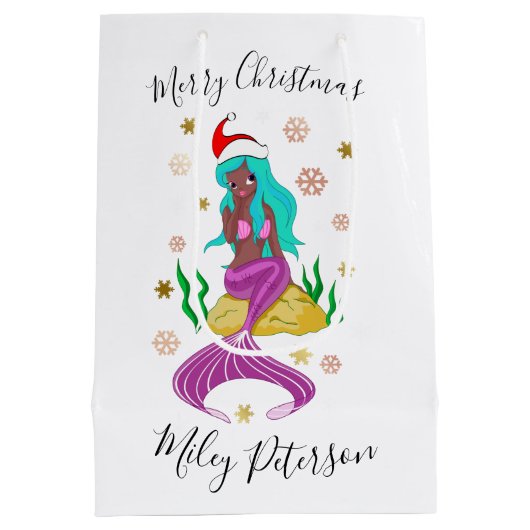 クリスマスマーメイドと雪片の金ゴールドパーソナライズされた ミディアムペーパーバッグ (裏面)
