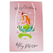 クリスマスマーメイドと雪片の金ゴールドパーソナライズされた ミディアムペーパーバッグ (正面)