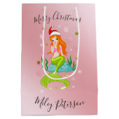 クリスマスマーメイドと雪片の金ゴールドパーソナライズされた ミディアムペーパーバッグ (裏面)