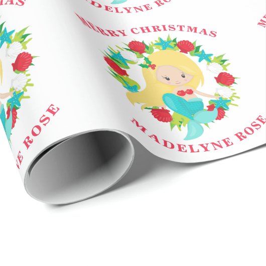 クリスマスマーメイドシェルパーソナライズされた名 ラッピングペーパー (ロールコーナー)