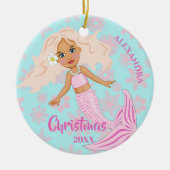 クリスマスマーメイドピンクの雪片の写真 セラミックオーナメント (正面)