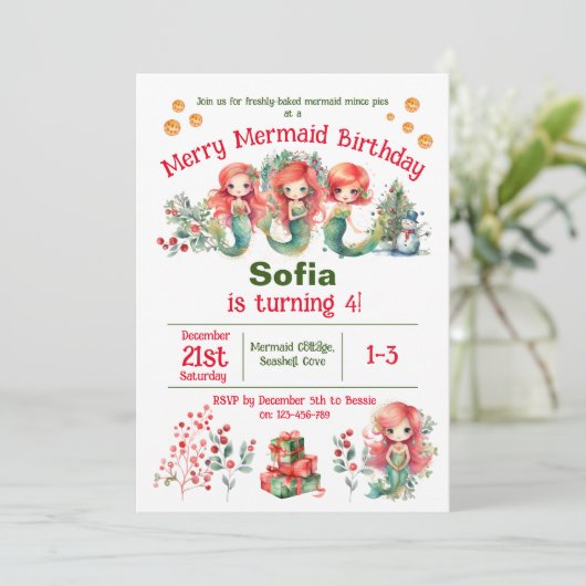 クリスマスマーメイド誕生日パーティーの招待状 招待状 (スタンド正面)