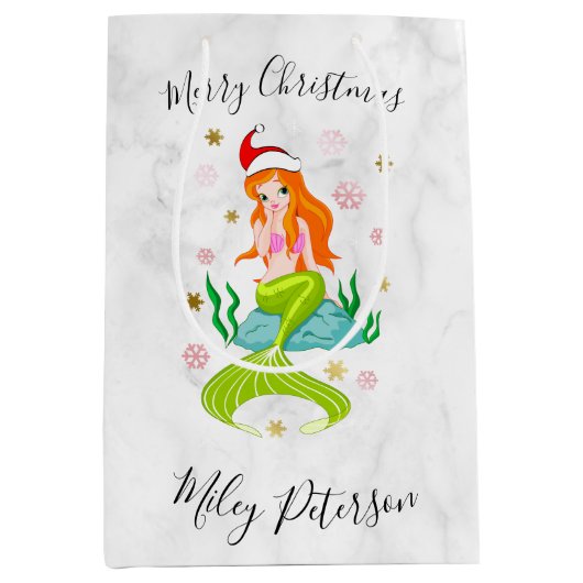 クリスマスマーメイド&スノーフレークパーソナライズされた金ゴールド ミディアムペーパーバッグ (正面)