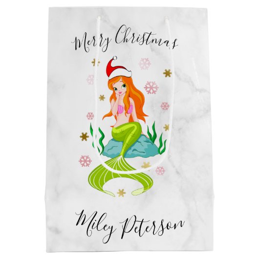 クリスマスマーメイド&スノーフレークパーソナライズされた金ゴールド ミディアムペーパーバッグ (裏面)