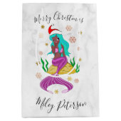 クリスマスマーメイド&スノーフレークパーソナライズされた金ゴールド ミディアムペーパーバッグ (正面)