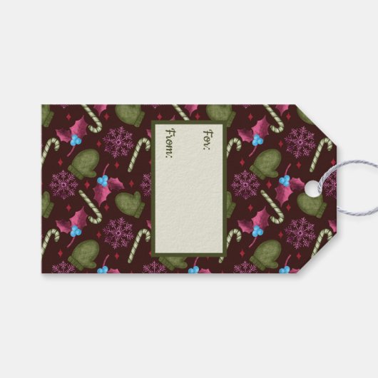 クリスマスミトン、雪、ペパーミントスティック ギフトタグ (正面(横))