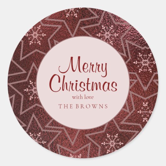クリスマスミニマルの雪とスターズマルーン ラウンドシール (正面)