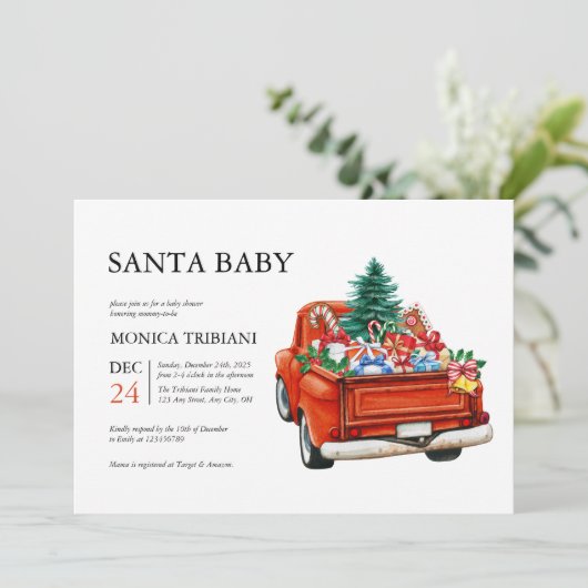 クリスマスミニマルサンタ赤ちゃんシャワー冬 招待状 (スタンド正面)