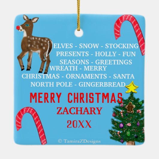 クリスマスミニ15ワードパズルグリーンブルー セラミックオーナメント (裏面)