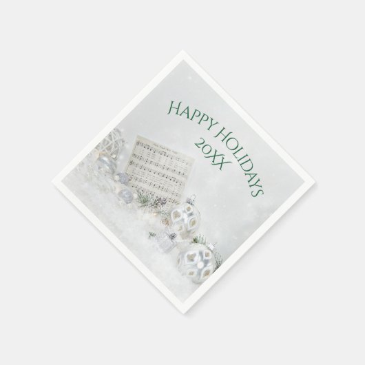 クリスマスミュージックとシルバーのオーナメント スタンダードカクテルナプキン (角)