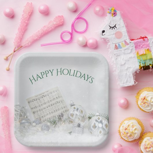 クリスマスミュージックとシルバーのオーナメント ペーパープレート (パーティー)
