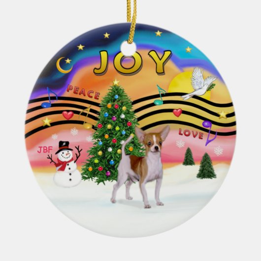 クリスマスミュージック2 – チワワ（茶色 – 白） セラミックオーナメント (正面)