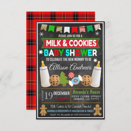 クリスマスミルクとクッキー赤ちゃんシャワー招待状 招待状 (正面/裏面)
