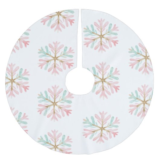 クリスマスミントピンクの雪片が白に ブラッシュドポリエステルツリースカート (正面)