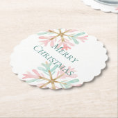 クリスマスミントピンクの雪片が白に ペーパーコースター (アングル)