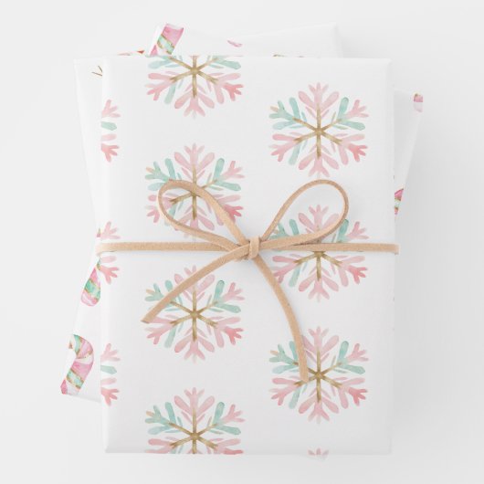 クリスマスミントピンクホワイトスノーフレークスキャンディ雪だるま ラッピングペーパーシート (インサイチュ)