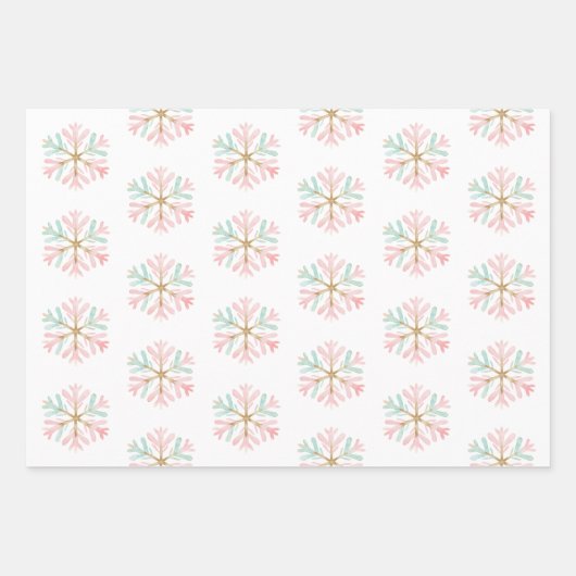 クリスマスミントピンクホワイトスノーフレークスキャンディ雪だるま ラッピングペーパーシート (正面)