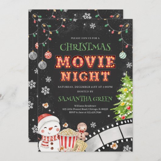 クリスマスムービーナイトホリデーパーティー 招待状 (正面/裏面)