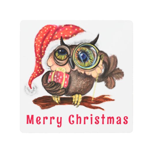 クリスマスメタルプリントかわいいベビーフクロウとギフト メタルプリント (正面)