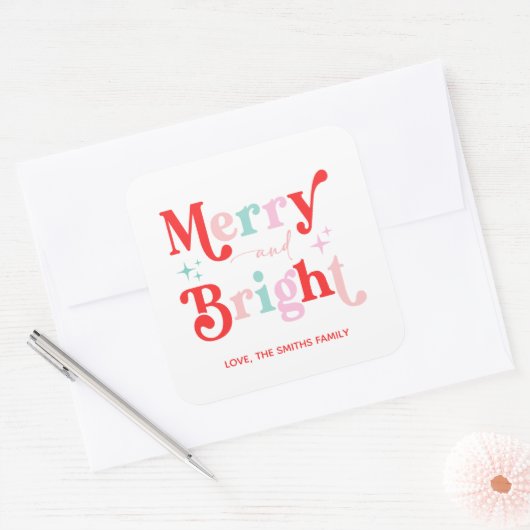 クリスマスメリーと明るいピンク赤のギフトステッカー スクエアシール (封筒)