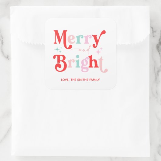 クリスマスメリーと明るいピンク赤のギフトステッカー スクエアシール (バッグ)
