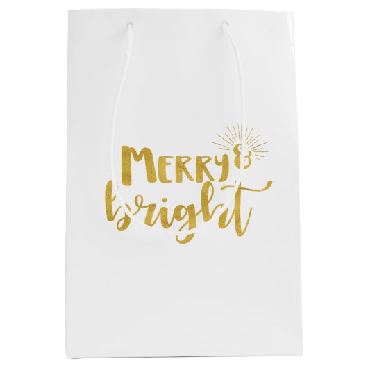 クリスマスメリーと明るいフェイク金ゴールドタイポグラフィ ミディアムペーパーバッグ (正面)