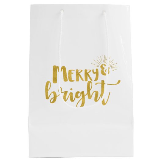 クリスマスメリーと明るいフェイク金ゴールドタイポグラフィ ミディアムペーパーバッグ (裏面)