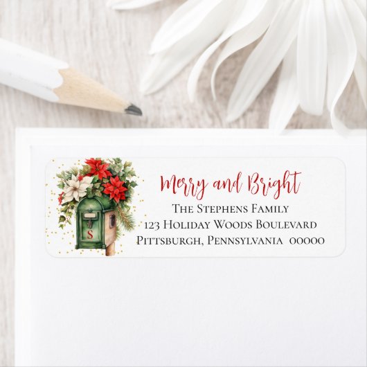 クリスマスメリーと明るいメールボックスフローラモノグラム ラベル (インサイチュ)
