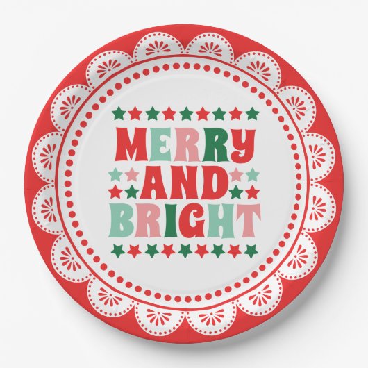クリスマスメリーと明るいモダンピはっきりしたックレッド ペーパープレート (正面)
