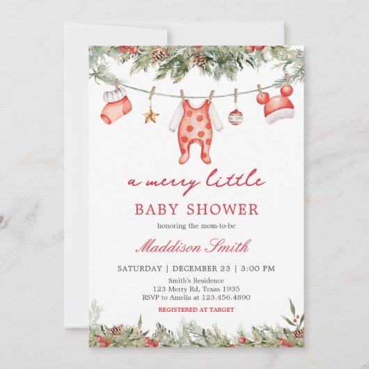 クリスマスメリーの小さな赤ちゃんシャワー 招待状 (正面)