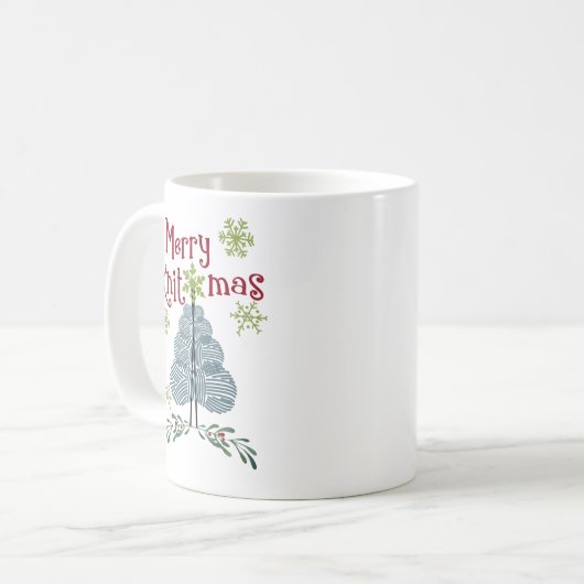 クリスマスメリーニットヤーンツリーと雪の結晶 コーヒーマグカップ (正面左)