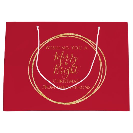 クリスマスメリーファミリーと鮮やかな赤金ゴールド ラージペーパーバッグ (正面)