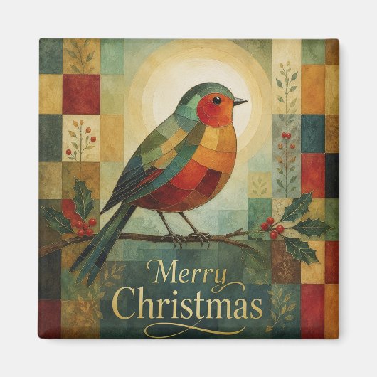 クリスマスモザイク ロビン 鳥 ホーリーベリー マグネット (正面)