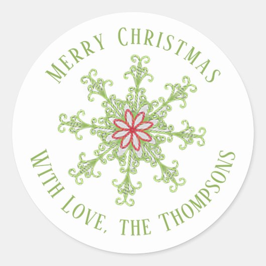 クリスマスモダンかわいい赤い緑の雪カラフル片 ラウンドシール (正面)