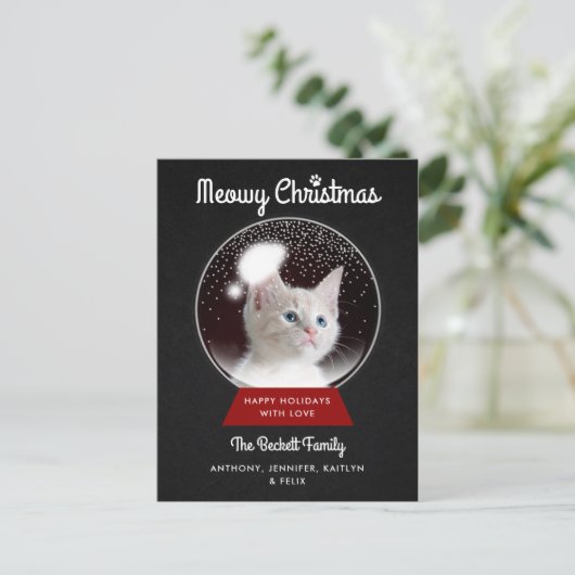 クリスマスモダンのスノーグローブ |ペットの休日の写真 案内ポストカード (スタンド正面)