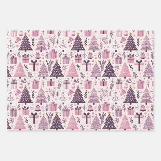 クリスマスモダンの休日をテーマにした紫とピンク ラッピングペーパーシート (正面3)
