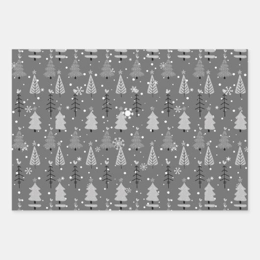 クリスマスモダンの木と雪の結晶クリスマス ラッピングペーパーシート (正面3)