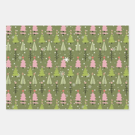 クリスマスモダンの木と雪の結晶クリスマス ラッピングペーパーシート (正面2)
