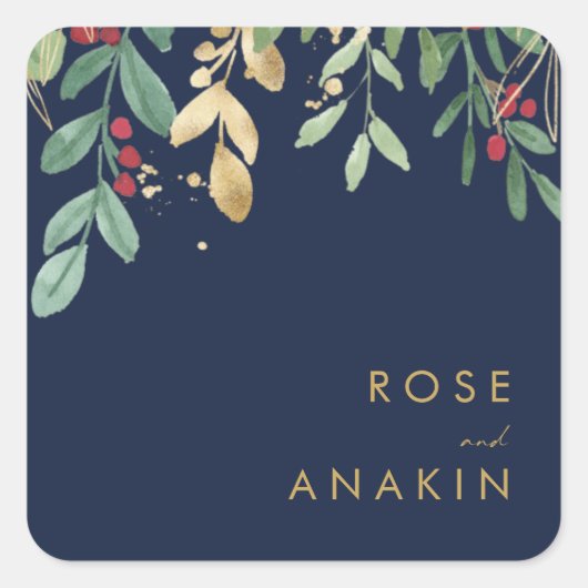 クリスマスモダンの緑 |ネイビー封筒用シール スクエアシール (正面)