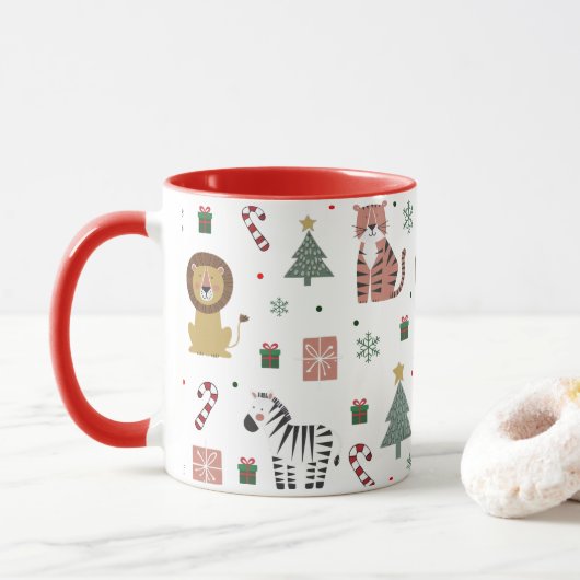 クリスマスモダンサファリ動物タイガーライオンゼブラ マグカップ (ドーナツ)