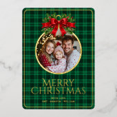 クリスマスモダンタータンチェックグリーンプレイズ家族の写真 箔シーズンカード (正面)