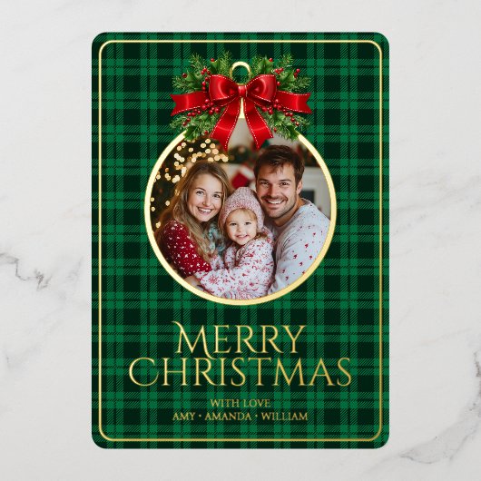クリスマスモダンタータンチェックグリーンプレイズ家族の写真 箔シーズンカード (正面)