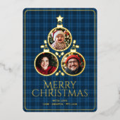 クリスマスモダンタータンチェックプレイス家族ブルー写真 箔シーズンカード (正面)