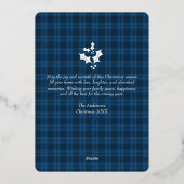クリスマスモダンタータンチェックプレイス家族ブルー写真 箔シーズンカード (裏面)