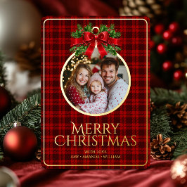 クリスマスモダンタータンチェックレッドプレイズ家族の写真 箔シーズンカード