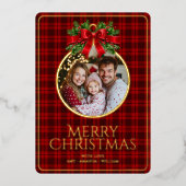 クリスマスモダンタータンチェックレッドプレイズ家族の写真 箔シーズンカード (正面)
