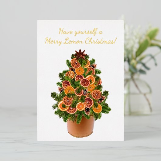 クリスマスモダンツリー乾燥レモン柑橘類フルーツ 箔シーズンカード (立ち正面)