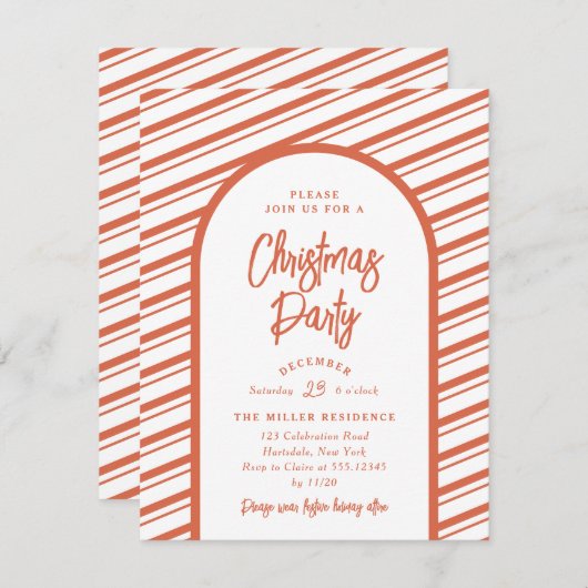 クリスマスモダンパーティーアーチブライトレッドキャンディーケーン 招待状 (正面/裏面)