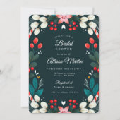 クリスマスモダンフローラティール（緑がかった色）レッドブライダルシャワー 招待状 (正面)