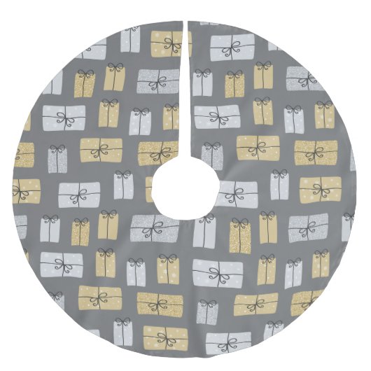 クリスマスモダンプレゼントのドードル ブラッシュドポリエステルツリースカート (正面)